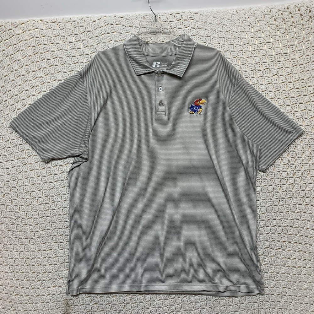 Kansas Jayhawks Polo Shirt Sz 2XL (50-52) Russel Gray/White Striped Short Sleeve